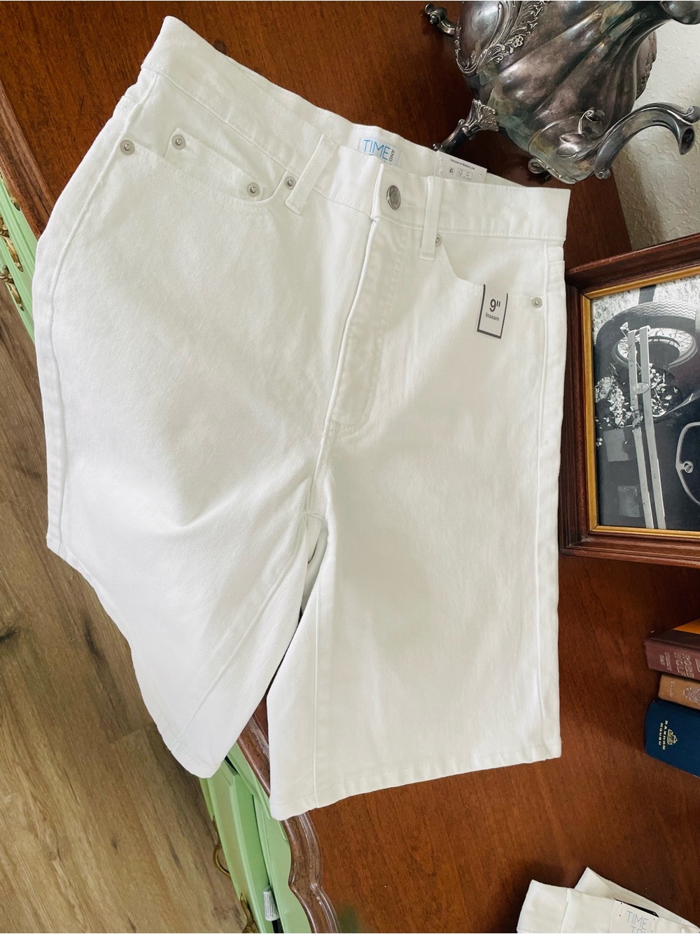 Time and Tru White High-Rise Denim Bermuda Shorts